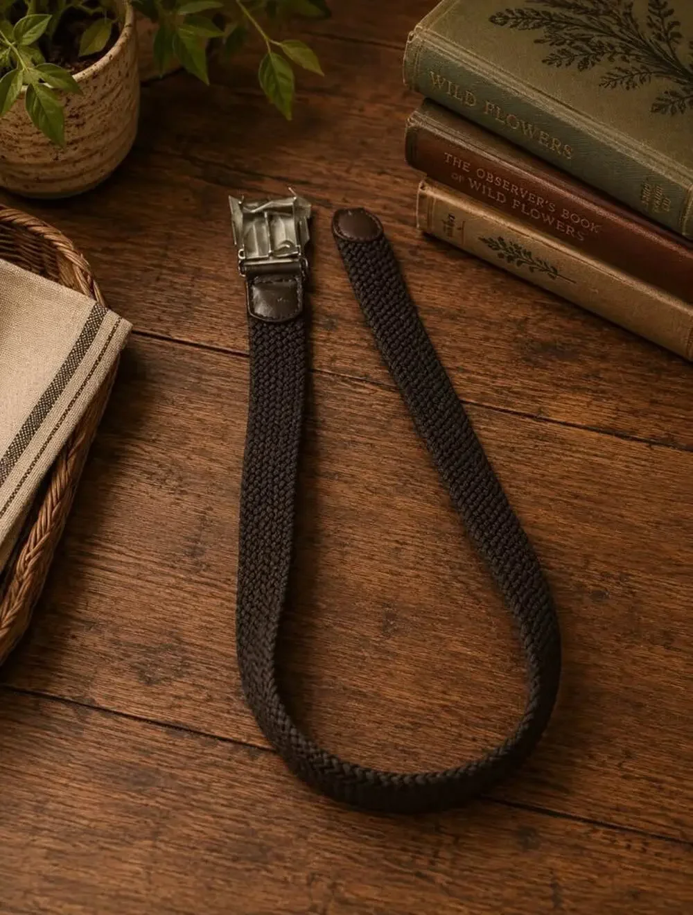 Brown Braided Woven Belt Approx. 45” Stretch Casual Belt Metal Buckle